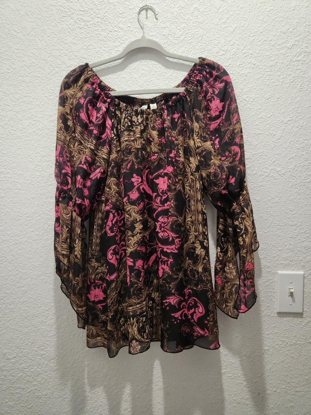 Bohemian Off-Shoulder Blouse in Black, Pink & Gold Print